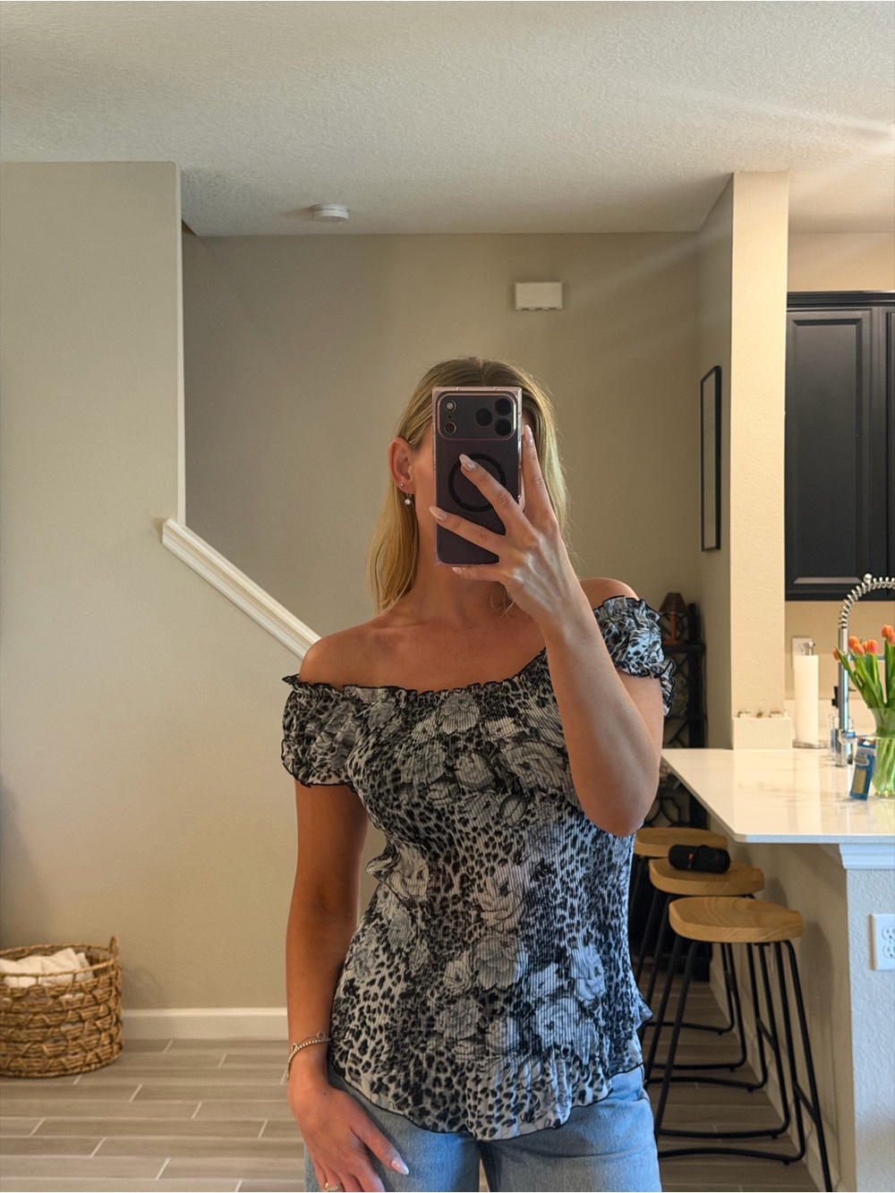 One-Shoulder Black and White Floral Print Dress